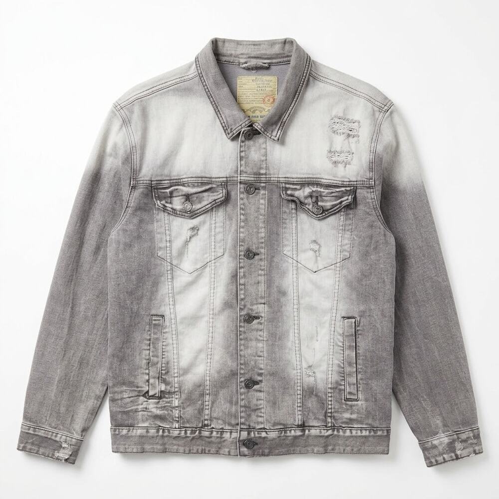 Smoke Rise Denim Co Distressed Trucker Jean Jacket Gray Stretch Mens XXL 2XL